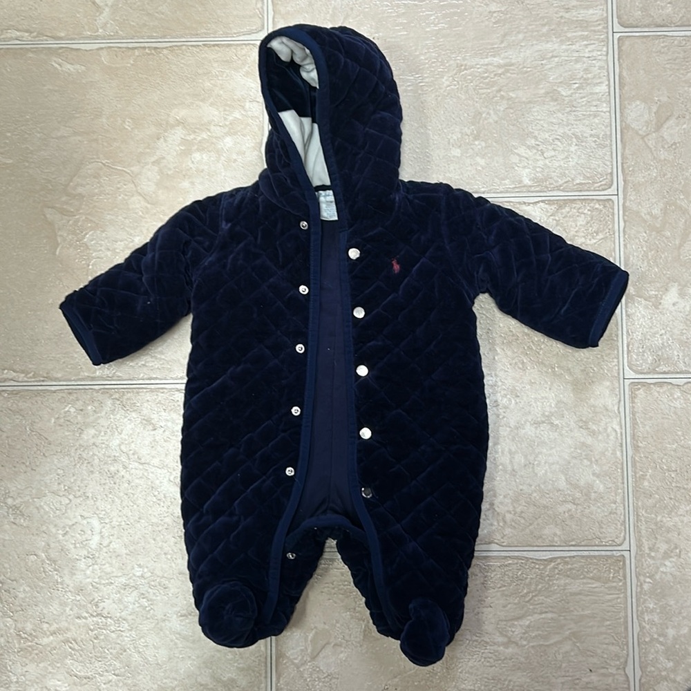 Navy Polo quilted velvet baby bunting